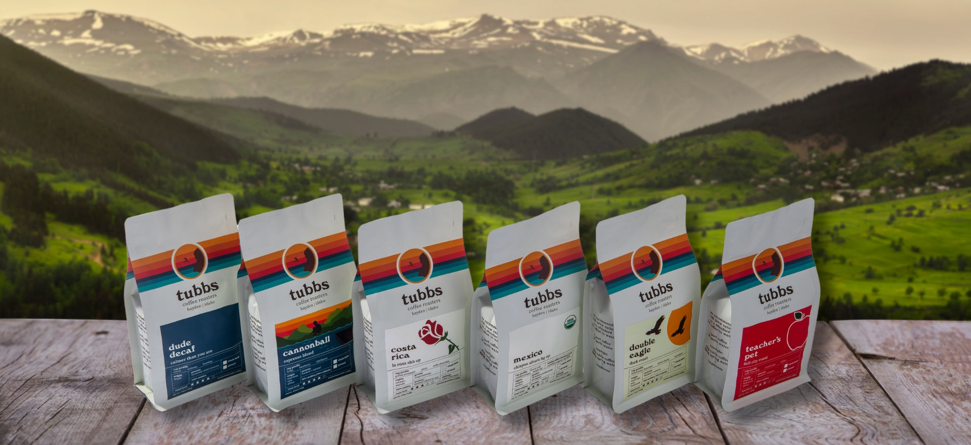 tubbs-coffee banner with a selection of tubbs coffee bags on a wooden table